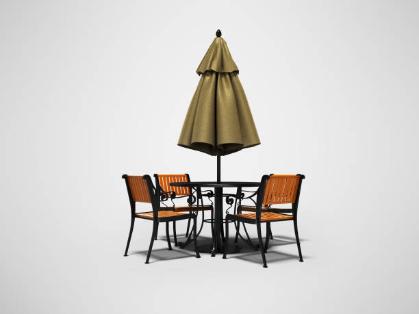 istock Closed umbrella for restaurant on central pillar with round table 3D render on gray background with shadow 1180181740