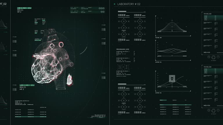 Human heart scan. Blue futuristic medical user interface with HUD and infographic elements. Virtual technology background. Head-up display template for business, games, motion design, web and app.