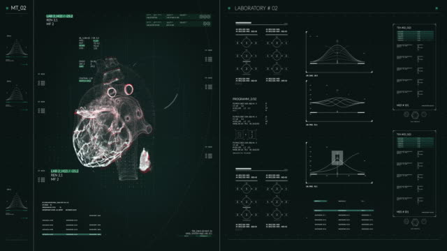 Human heart scan. Blue futuristic medical user interface with HUD and infographic elements. Virtual technology background. Head-up display template for business, games, motion design, web and app.