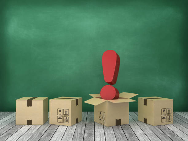 istock Cardboard Box with Exclamation Point on Wood Floor - Chalkboard Background - 3D Rendering 1180181904