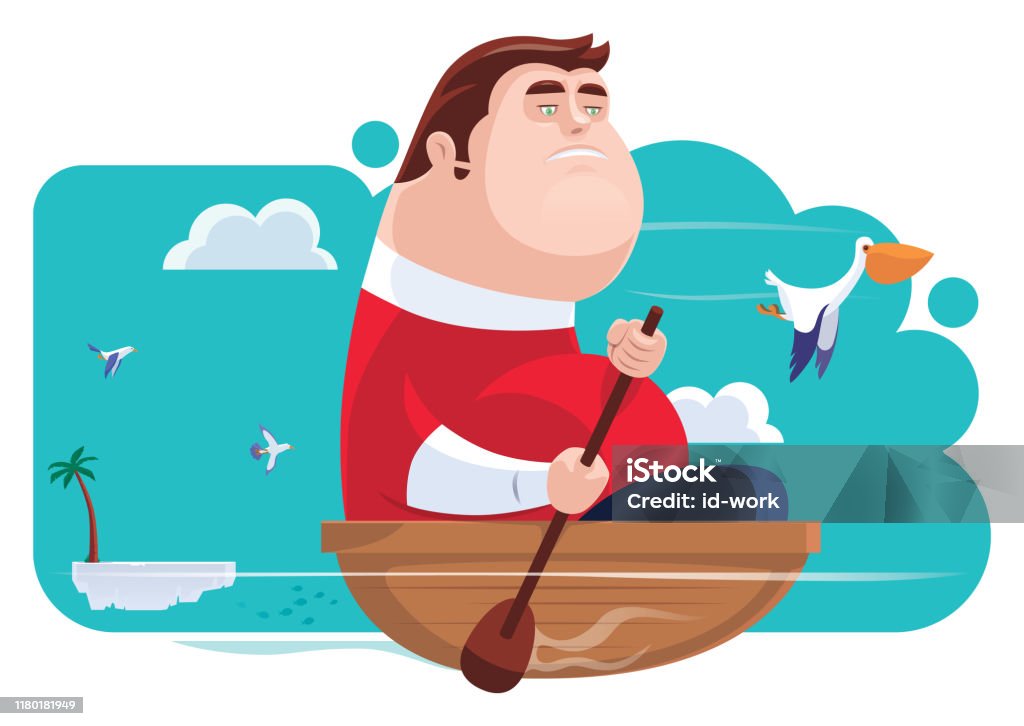 Fat Man Rowing Fat Man Rowing With Pelican Stock Illustration - Download Image Now ...