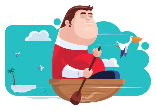 Vector illustration of fat man rowing with pelican