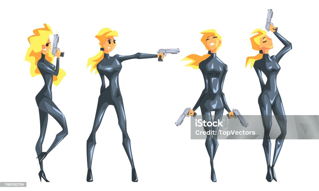 Succes Contractie graven Mooie Spion Blonde Meisje In Zwart Lederen Kleding Met Gun Set Vrouwelijke Geheime  Agent Vector Illustratie Stockvectorkunst en meer beelden van Assassinatie  - iStock