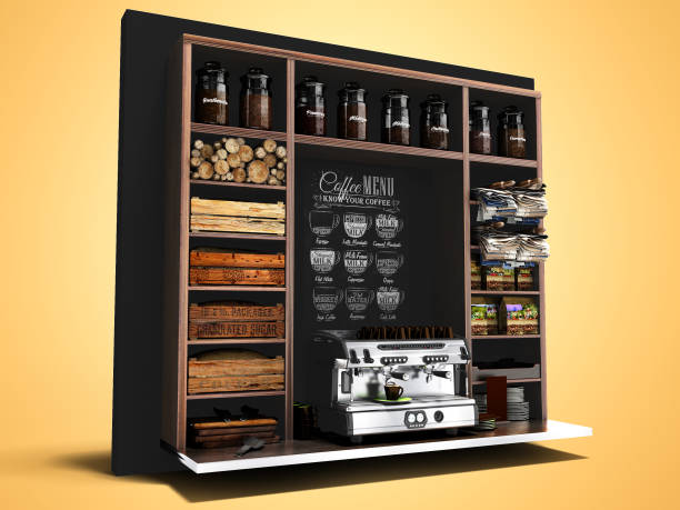 istock Concept coffee shelf with glass jars with coffee coffee machine tea for sale coffee 3d render on orange background with shadow 1180183667