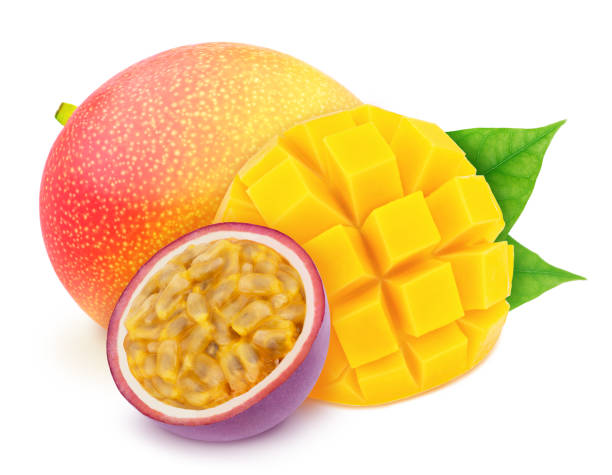 istock Multi-colored exotic composition with fruit mix of passion fruit and mango, isolated on a white background with clipping path. 1180184203