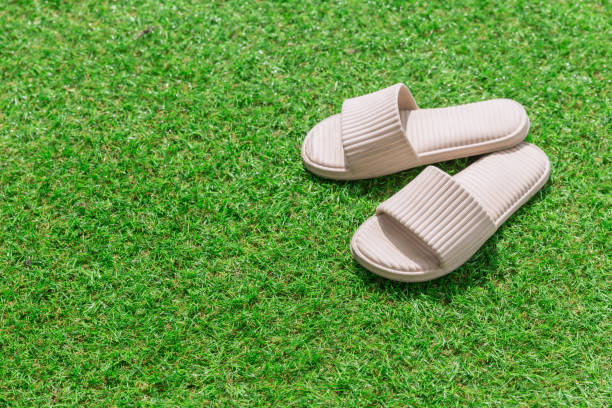 istock White Sandal or Slippers place on green grass with copy space for text. 1180185908