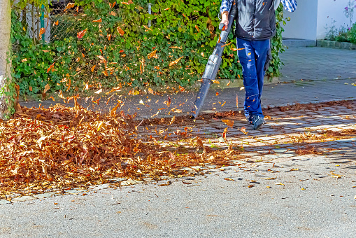 Man cleaning street with leaf blower in autumn