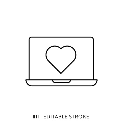 Heart Shape on Laptop Screen Icon with Editable Stroke and Pixel Perfect.