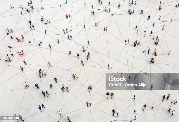 Aerial View Of Crowd Connected By Lines Stock Photo - Download Image Now - Connection, People, Social Media