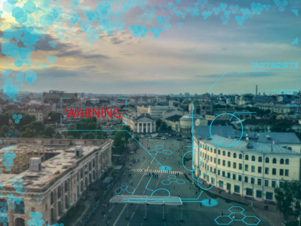 istock The concept of a smart city with a security system and face recognition using neural networks and artificial intelligence. Interface-hologram of the system of urban security, based on AI 1180188771