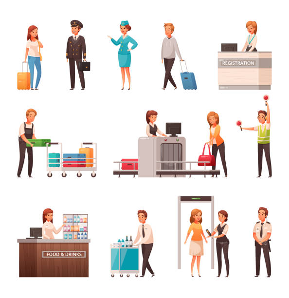 illustrations, cliparts, dessins animés et icônes de ensemble d'icônes de dessin animé d'aéroport - airport security staff