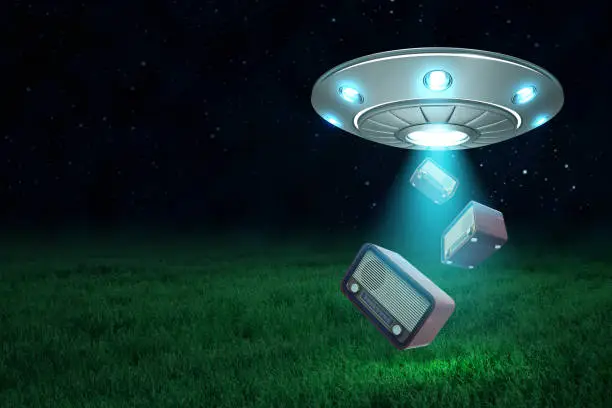 Photo of 3d rendering of UFO with open hatch under night sky dropping three retro radio sets onto green field.