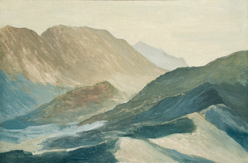 mountain landscape, the mountains at dawn, oil painting