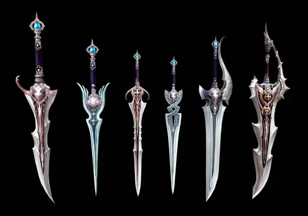 3D render- ancient weapon collection of sword game set for war