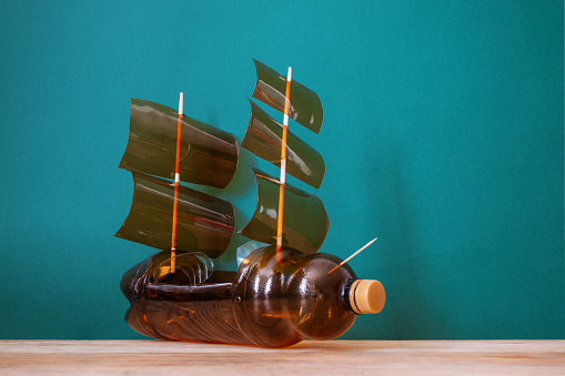 Toy ship made of a plastic bottle. Recycle crafts.