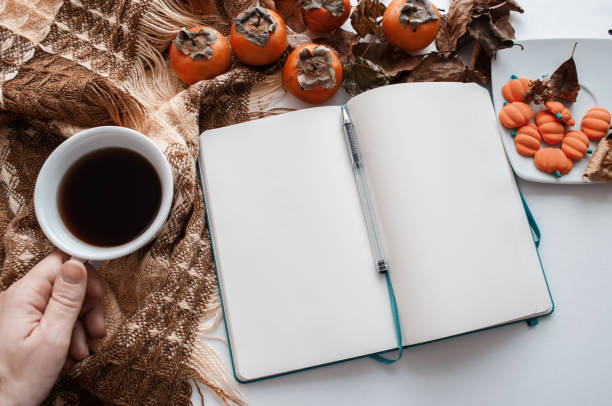 istock Fall flatlay with checkered plaid, coffee, persimmons, pumpkin candies and dry leaves 1180197512