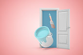 3d rendering of open white door on gradient pink background and can of blue paint with paintbrush flying from doorway.