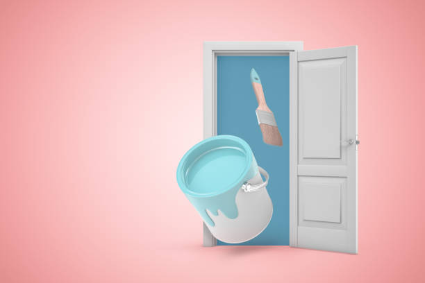 3d rendering of open white door on gradient pink background and can of blue paint with paintbrush flying from doorway. - paint home improvement paint can decorating imagens e fotografias de stock