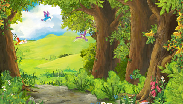 illustrations, cliparts, dessins animés et icônes de scène d'été de dessin animé avec le pré dans la forêt avec des oiseaux volant - nobody tranquil scene nature park