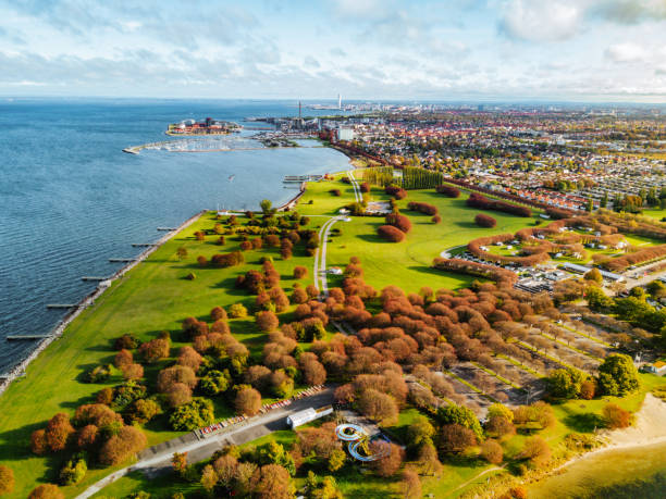 vista aérea sobre el parque cerca de la ciudad y el mar - malmo fotografías e imágenes de stock