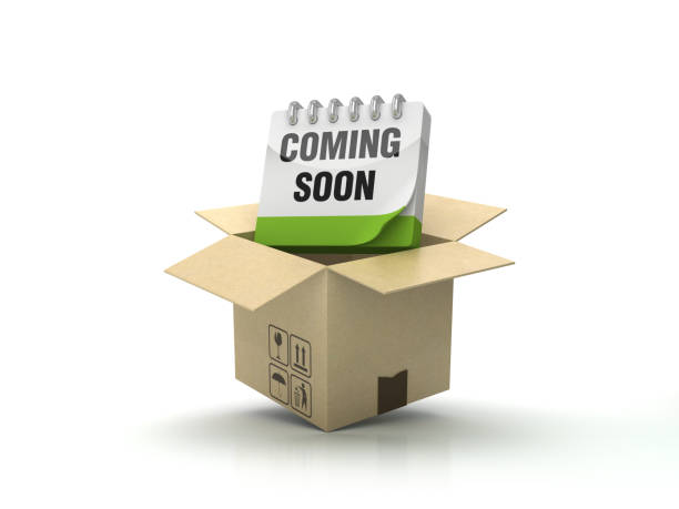 Cardboard Box with COMING SOON Calendar on Wood Floor - White Background - 3D Rendering
