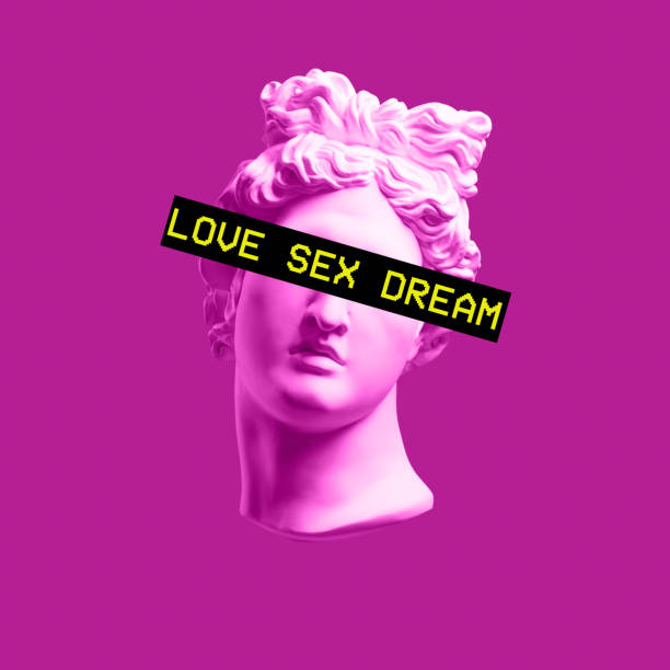 Apollo's plaster head on a pink background. Retro art.