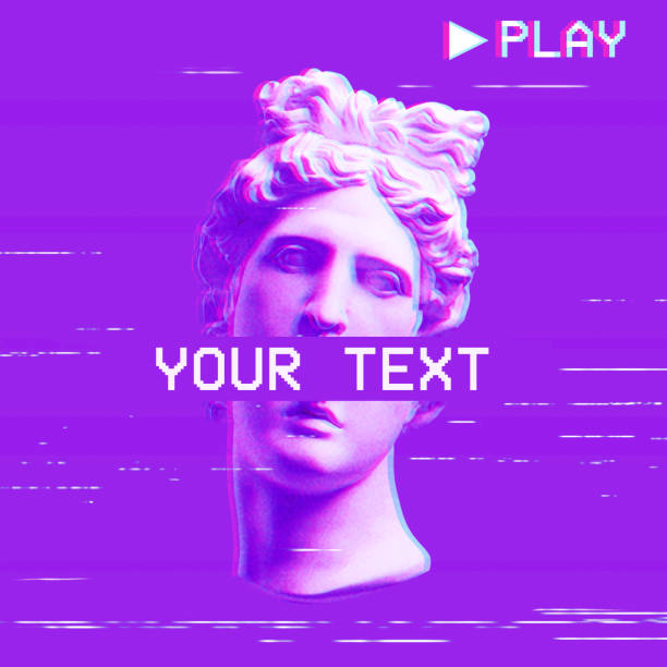 istock Apollo's plaster head on a purple background. Retro glitch art. 1180199868