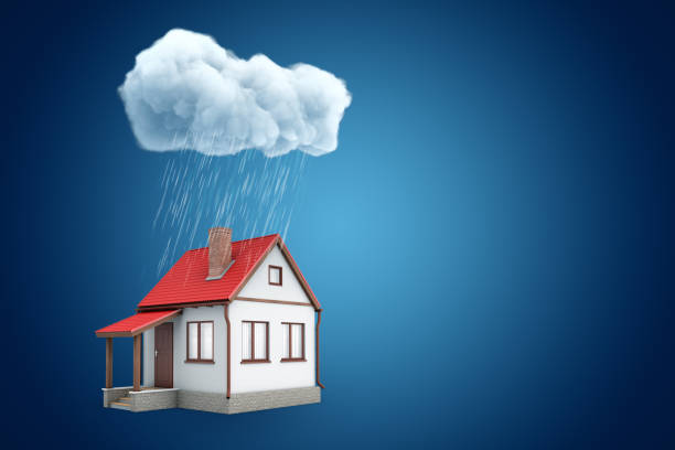 コピースペースを持つ青い背景に、雨雲の下に立っている小さな戸建ての家の3dレンダリング。 - when it rains it pours ストックフォトと画像