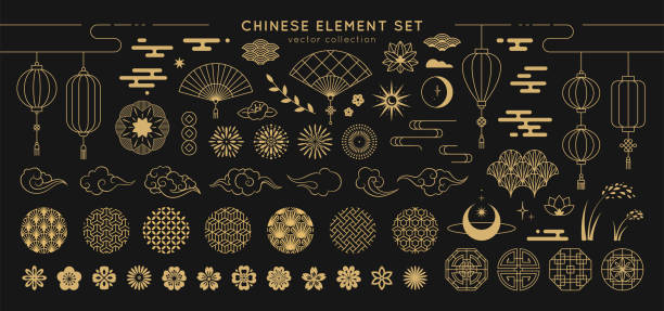 ilustraciones, imágenes clip art, dibujos animados e iconos de stock de conjunto de elementos de diseño asiático. colección decorativa vectorial de patrones, linternas, flores, nubes, adornos en estilo chino y japonés. - japan