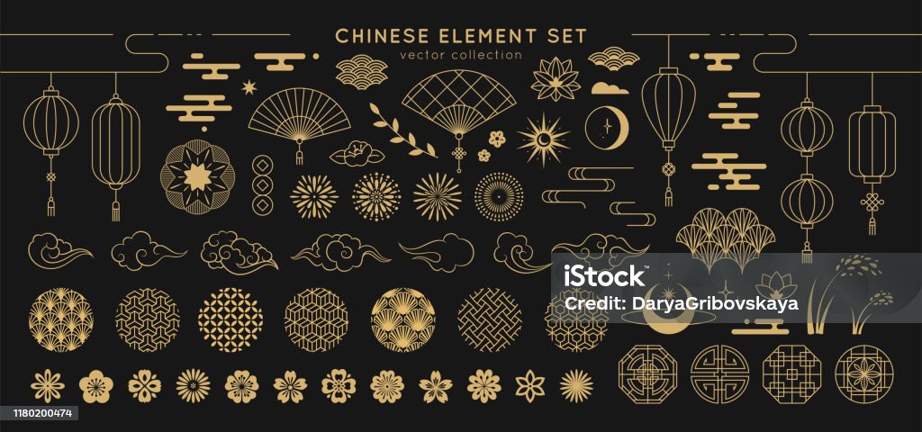 아시아 디자인 요소 집합입니다. 패턴, 등불, 꽃, 구름, 중국과 일본 스타일의 장식품의 벡터 장식 컬렉션입니다. - 로열티 프리 중국 문화 벡터 아트
