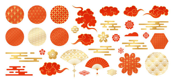 illustrations, cliparts, dessins animés et icônes de ensemble d'éléments de conception asiatique. collection décorative vectorielle de modèles, lanternes, fleurs, nuages, ornements dans le modèle chinois et japonais. - asie illustrations
