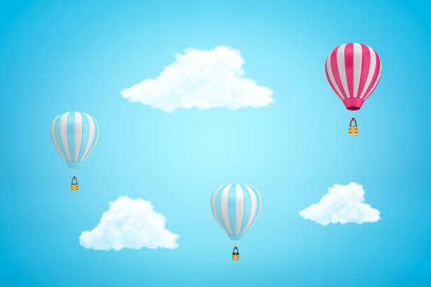 istock 3d rendering of three striped hot-air balloons and three white clouds in light blue sky. 1180201121