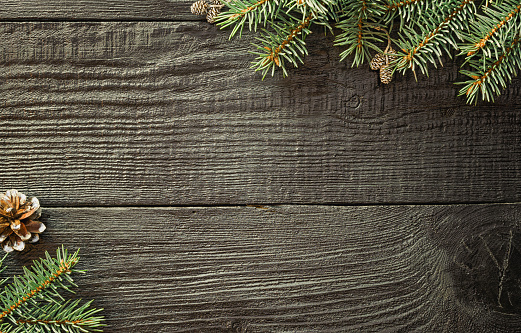 Christmas fir tree branches and pine cones on wooden dark, black textured background.