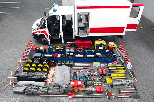 Emergency equipment of a German civil protection rescue vehicle - all identifiable logos and numbers have been removed carefully