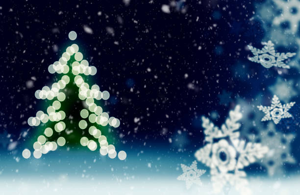 Abstract Christmas Tree and Snowfall Huge snowflakes snowfall in the magic Christmas night christmas star shape christmas lights blue stock pictures, royalty-free photos & images