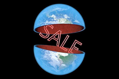 3D illustration: planet earth with a blue glow is divided into two halves with a red neon sign sale rotated 45 degrees. Advertising business concept and the problem of environmental protection.