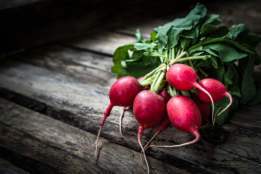 Fresh organic red radish bunch shot from above on rustic wooden table. The bunch is placed at the right of an horizontal frame leaving a useful copy space for text and/or logo at the left. Predominant colors are brown, red and green. XXXL 42Mp studio photo taken with SONY A7rII and Zeiss Batis 40mm F2.0 CF