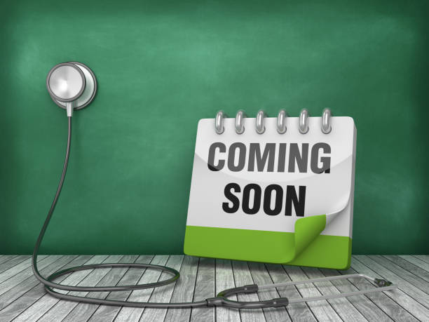 stethoscope with coming soon on chalkboard background - 3d rendering - appointment reminder doctor calendar imagens e fotografias de stock