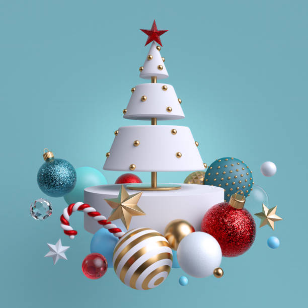 3d Christmas tree ornaments levitating, isolated on blue background. Winter holiday decor: festive glass balls, golden stars, candy cane, snowballs. Greeting card. Composition of levitating objects. 3d adornos de árbol de navidad levitando, aislados sobre fondo azul. decoración de vacaciones de invierno: bolas de cristal festivas, estrellas doradas, bastón de caramelo, bolas de nieve. tarjeta de felicitación. composición de objetos levitantes.