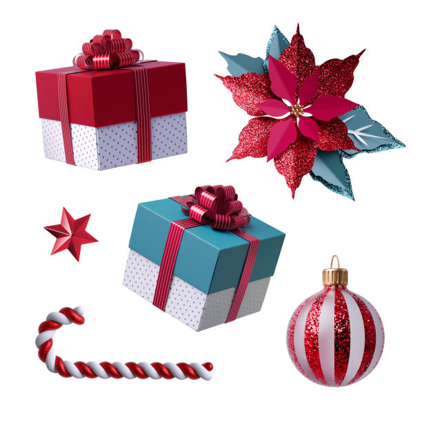 3d Christmas clip art. Set of design elements, isolated on white background. Gift bow, red paper poinsettia flower, candy cane, glass ball ornament.