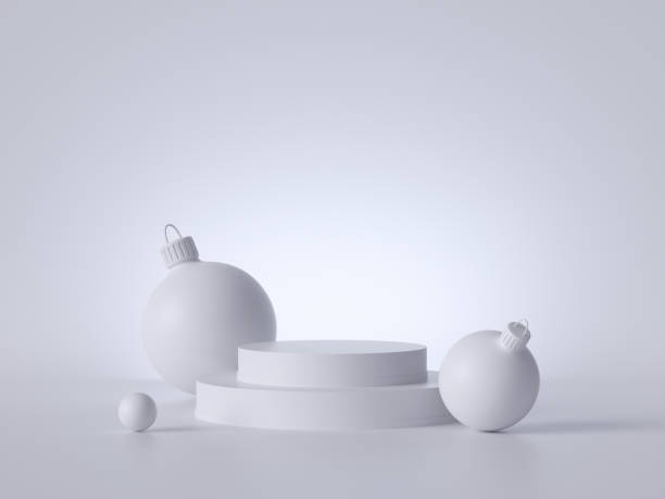 istock 3d abstract white Christmas background with glass balls and empty podium. Round platform, blank pedestal steps, copy space. Product showcase stand mockup. Simple minimal clean style. 1180216662