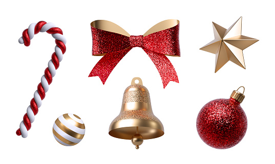 Imágenes prediseñadas de Navidad en 3d. Conjunto de elementos de diseño, aislados sobre fondo blanco. Campana de oro, arco de papel, cinta roja, bastón de caramelo, adorno de bola de vidrio. photo
