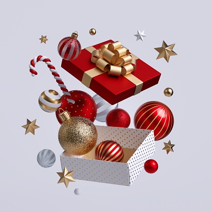 Caja de regalo de Navidad 3d abierta, adornos volando. Imágenes prediseñadas festivas aisladas sobre fondo blanco. Decoración de vacaciones de invierno de temporada: bolas de vidrio, estrellas doradas, caña de caramelo. photo