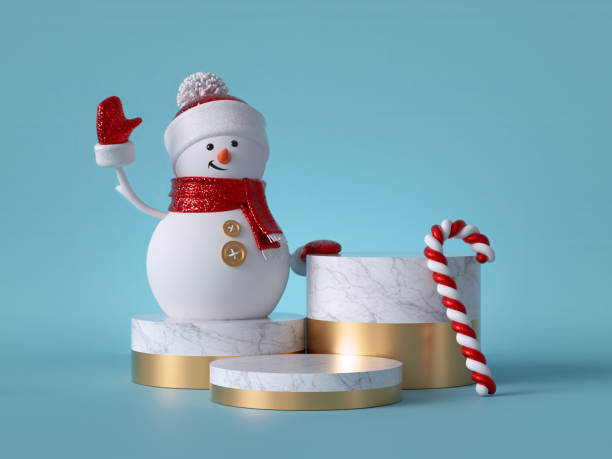 istock 3d Christmas background. Snowman standing on marble pedestal, decorated with candy cane. Blank round podium, empty space. Cylinder platform steps. Product showcase mockup. 1180216813