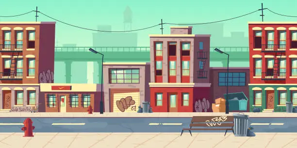 Vector illustration of Dirty city street, empty ghetto slum neighborhood