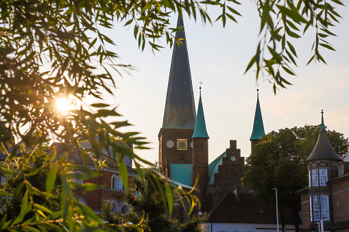 Sunset behind the main cathedral in Aarhus, Denmark