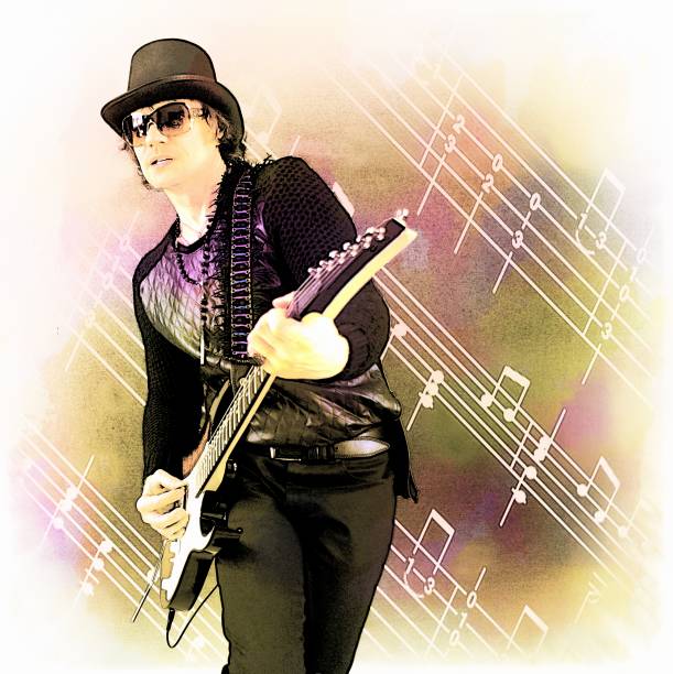 Cool rock guitarist in a hat playing the electric guitar on a colorful backdrop with notes. stock photo