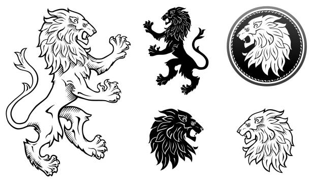 Heraldic lion, lion head silhouettes Black & White lion emblem and lions head animals crest stock illustrations