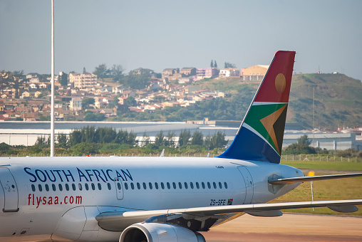 South African Airways aircraft at King Shaka International Airport in Durban, South Africa