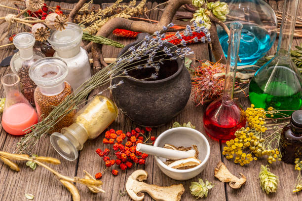 istock Witch's Laboratory. Alchemical equipment, apothecary treatment 1180227736